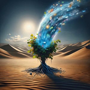Op de afbeelding: Een levendige blauwe stroom licht stroomt vanuit de lucht naar beneden en voedt een groene struik met wortels die zich over een zanderig woestijnlandschap verspreiden.