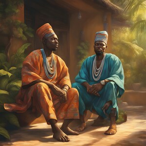 Może przedstawiać: Dwóch mężczyzn w tradycyjnych afrykańskich strojach i nakryciach głowy siedzi razem przed budynkiem. Mężczyzna po lewej stronie nosi pomarańczową szatę z misternymi wzorami i czerwony i złoty kapelusz. Mężczyzna po prawej stronie nosi niebieską szatę z niebieskim i białym kapeluszem.