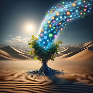 Op de afbeelding: Een groene boom met wortels die uit het zand van een woestijnlandschap groeien. Een stroom van kleurrijke sociale media-iconen stroomt van de top van de boom.