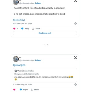 Op de afbeelding: Twee schermafbeeldingen van Twitter-berichten. De eerste post is van het account @notnotnotnotyn en luidt: "Eerlijk gezegd denk ik dat deze [[tinubu]] eigenlijk een goede kerel is - e no get choice. na condition make crayfish to bend #seniorboys". De tweede post is ook van het account @notnotnotnotyn en luidt: "#juniorgirls ik kreeg een reactie van Obama. Het is geen wedstrijd, maar ik win".