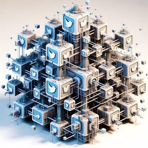 K&ouml;nnte beinhalten: Eine 3D-Darstellung eines komplexen Netzwerks aus miteinander verbundenen wei&szlig;en W&uuml;rfeln mit blauen Twitter-Vogel-Logos. Die W&uuml;rfel sind in einem gitterartigen Muster angeordnet, was ein Gef&uuml;hl von Vernetzung und Komplexit&auml;t erzeugt.