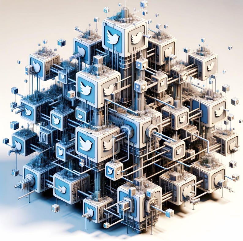 K&ouml;nnte beinhalten: Eine 3D-Darstellung eines komplexen Netzwerks aus miteinander verbundenen wei&szlig;en W&uuml;rfeln mit blauen Twitter-Vogel-Logos. Die W&uuml;rfel sind in einem gitterartigen Muster angeordnet, was ein Gef&uuml;hl von Vernetzung und Komplexit&auml;t erzeugt.