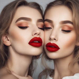 May include: Two women with long brown hair, wearing red lipstick and eye makeup, are close together with their faces touching. They are both looking at the camera with their eyes closed.