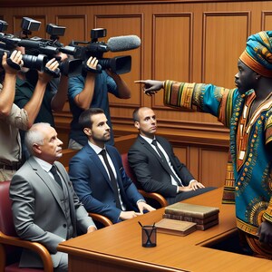 May include: A man wearing a colorful patterned robe points his finger at a group of people in a courtroom. The people are seated at a table with microphones and cameras in front of them.