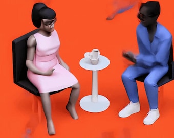 May include: Two people sitting across from each other at a small white table with a cup and saucer on it. The person on the left is wearing a pink dress and the person on the right is wearing a blue suit. The background is a solid orange color.