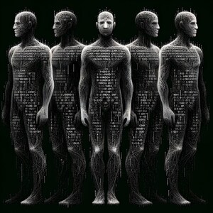 May include: Five abstract figures made of white lines and binary code, standing in a row against a black background.