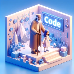 Könnte beinhalten: Eine 3D-Illustration einer älteren Person mit weißem Bart und einer jungen Person, die auf einer Plattform mit einem Schild steht, auf dem "Code" steht. Die Szene spielt in einem Raum mit blauem Hintergrund und einer weißen Gitterwand mit Symbolen und Zahlen. Es gibt auch kleine 3D-Objekte, die im Raum verstreut sind.