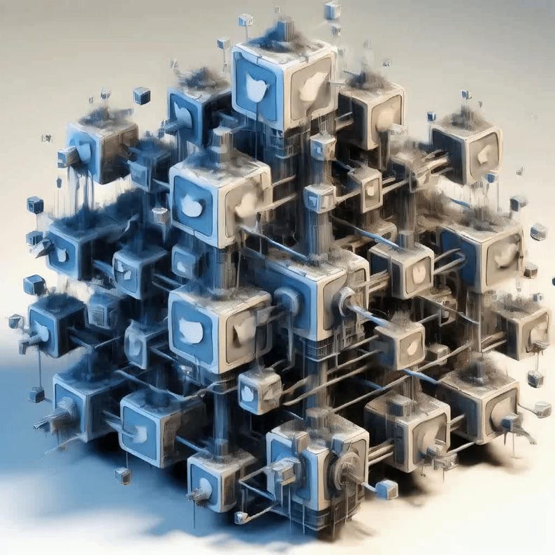 K&ouml;nnte beinhalten: Eine 3D-Darstellung eines W&uuml;rfels, der aus kleinen, wei&szlig;en Boxen mit blauen Akzenten besteht. Jede Box hat ein stilisiertes blaues Vogellogo auf der Vorderseite. Die Boxen sind durch d&uuml;nne, wei&szlig;e Linien miteinander verbunden und bilden ein komplexes Netzwerk.