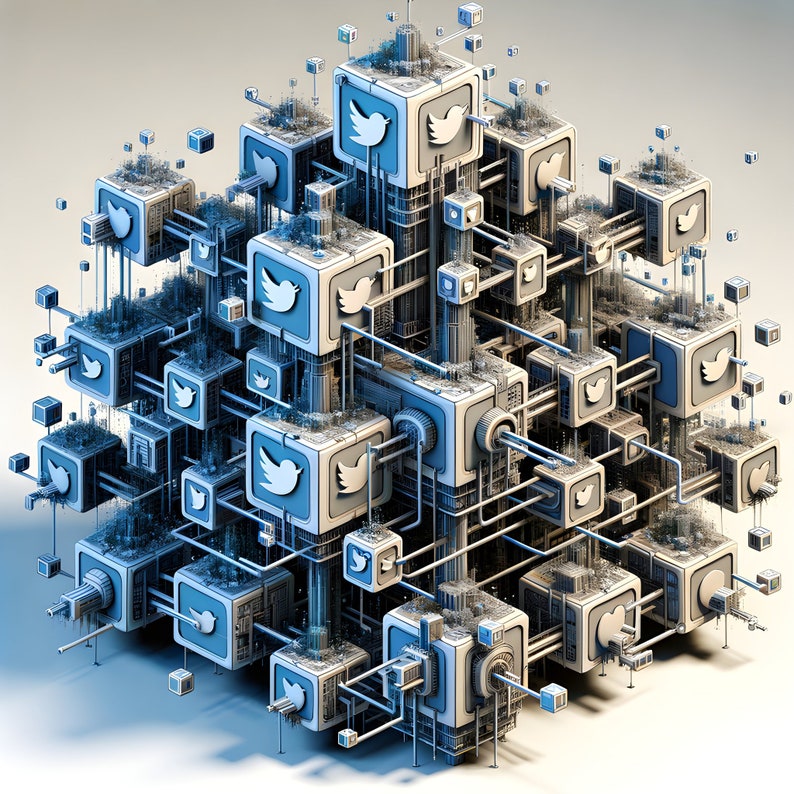 K&ouml;nnte beinhalten: Eine 3D-Darstellung einer komplexen Struktur aus miteinander verbundenen W&uuml;rfeln, die jeweils ein blaues Vogel-Symbol zeigen. Die Struktur &auml;hnelt einer Stadtlandschaft mit komplizierten Rohren und Dr&auml;hten, die die W&uuml;rfel verbinden.