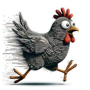 May include: A 3D rendering of a cartoon chicken made of code. The chicken is running and has a surprised expression on its face. The code is made up of numbers and symbols.