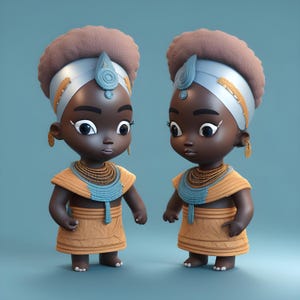 May include: Two 3D cartoon dolls with brown skin, wearing blue and gold headbands, blue and gold necklaces, and orange skirts. The dolls have large eyes and are looking down.