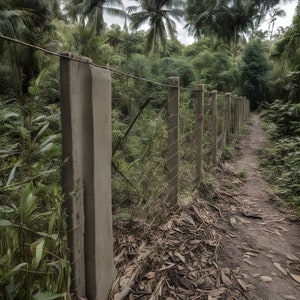 Puede incluir: Una valla de hormigón con una parte superior de malla metálica recorre un camino de tierra a través de una exuberante jungla verde. El camino está bordeado de hojas y ramas caídas.