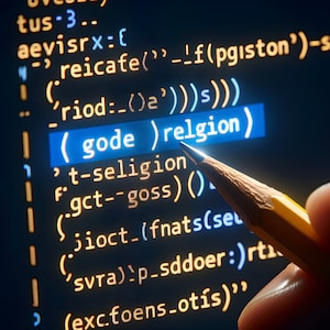 Può includere: Primo piano di codice informatico su uno schermo. Il codice è evidenziato in blu e giallo. Una matita punta al codice che recita "(gode) religion".