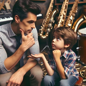 May include: A man and a young boy are sitting in a room with musical instruments. The man is wearing a plaid shirt and the boy is wearing a plaid shirt and jeans. The man is looking at the boy and the boy is looking up.