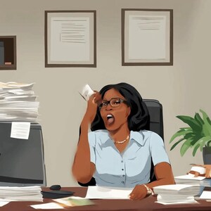 Op de afbeelding: Een vrouw met bruin haar en een bril zit aan een bureau met een stapel papier voor zich. Ze kijkt omhoog en lijkt gestrest. Er hangen twee ingelijste foto's aan de muur achter haar.