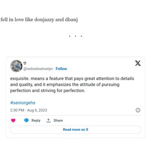 Op de afbeelding: Een screenshot van een tweet van de gebruiker @notnotnotnotyn. De tweet luidt: "exquisite. betekent een functie die veel aandacht besteedt aan details en kwaliteit, en die de houding benadrukt om perfectie na te streven en naar perfectie te streven." De tweet is getagd met de hashtag #seniorgehs en is op 6 augustus 2023 om 14:30 uur geplaatst.