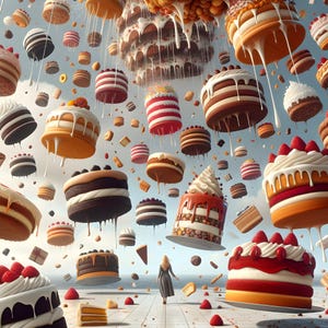 Puede incluir: Una escena fantástica con una variedad de pasteles y postres coloridos que caen del cielo. Los pasteles están decorados con glaseado, chispas y otros ingredientes. Una mujer con un vestido blanco se encuentra en el medio de la escena, rodeada de los pasteles que caen.