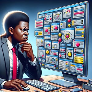 May include: A man wearing a suit and tie sits in front of a computer screen. The screen shows a complex interface with numerous buttons, dials, and gauges. The man stares intently at the screen, looking thoughtful.