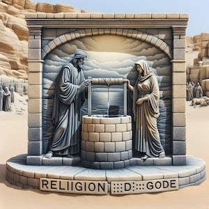 Könnte beinhalten: Eine 3D-Skulptur, die eine Szene aus der Bibel darstellt, mit zwei Figuren, die an einem Brunnen stehen. Die Skulptur ist aus Stein gefertigt und in gedeckten Farben bemalt. Der Text "RELIGION D:GODE" ist auf dem Sockel der Skulptur eingraviert.