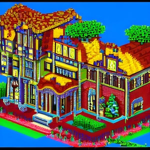 May include: A colorful, multi-level house with a red brick facade, yellow trim, and a green roof. The house has a large porch with columns and a balcony. There are trees and bushes in the yard.