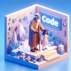 Pode incluir: Uma ilustra&ccedil;&atilde;o 3D de uma cena com um homem e uma menina em p&eacute; em uma plataforma. O homem est&aacute; vestindo uma t&uacute;nica marrom e um chap&eacute;u branco. A menina est&aacute; vestindo um vestido branco. A plataforma &eacute; cercada por um fundo azul e branco com a palavra "Code" em uma caixa azul.