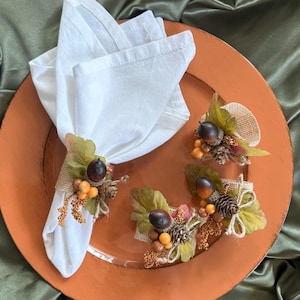 Thanksgiving Acorn & Pinecone Napkin Ring Set + Bottle Scarf | Fall Table Decor | Handmade Thanksgiving Napkin Rings | Rustic Autumn Accents