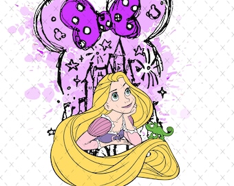 May include: A graphic featuring Rapunzel with long blonde hair, a purple dress, and a green chameleon. The design includes a purple bow with white polka dots, a castle, and stars, all set against a white background.