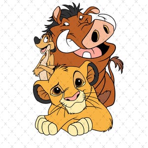 May include: A cartoon illustration of Simba, Timon, and Pumbaa from Disney's The Lion King. Simba is a lion cub with a brown mane and brown eyes. Timon is a meerkat with brown fur and a long tail. Pumbaa is a warthog with brown fur and a long snout.