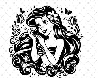 Ariel La Sirenita SVG, Svg Encantado, Svg Mandala, Archivos de corte de silueta, Svg de camiseta, PNG, Imprimible, Clipart, Diseño de sublimación