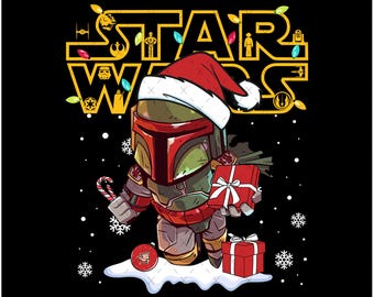 Peut inclure: Un personnage de Star Wars Boba Fett vert et marron portant un chapeau de Père Noël rouge et tenant une boîte cadeau rouge. Le personnage se tient sur une surface enneigée avec une boule de Noël et une boîte cadeau rouge. Le texte "STAR WARS" est au-dessus du personnage en lettres jaunes avec des lumières de Noël.