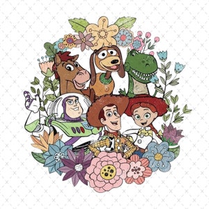 Peut inclure: Une illustration colorée des personnages de Toy Story, Woody, Buzz l'Éclair, Jessie, Rex et le chien Slinky, entourés de fleurs.