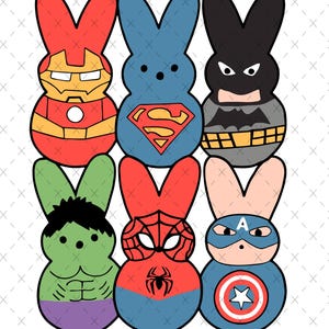 May include: Six colorful Peeps marshmallow candies decorated with superhero logos. The Peeps are arranged in a row, from left to right: Hulk, Spiderman, Captain America, Iron Man, Superman, and Batman.