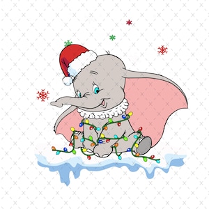 May include: A cartoon illustration of Dumbo the elephant wearing a Santa hat and wrapped in colourful Christmas lights. He is sitting on a snowy surface with icicles.