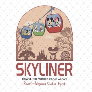 Op de afbeelding: Een vintage-stijl grafiek met het woord "Skyliner" in rood, met gondels met Disney-personages. De afbeelding bevat silhouetten van bomen, een kasteel en de tekst "Travel the World From Above."