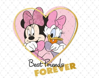 Op de afbeelding: Minnie Mouse en Daisy Duck zijn beste vriendinnen voor altijd. Ze dragen allebei roze strikken en bevinden zich in een roze hart met een gouden rand. De tekst "Best Friends Forever" staat in goud onder het hart.
