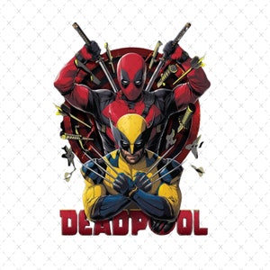May include: A red and black superhero, Deadpool, with swords, stands behind a yellow and blue superhero, Wolverine, with claws. The text "DEADPOOL" is in red letters below the superheroes.