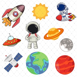 May include: A set of cartoon illustrations featuring space-related objects. Includes a rocket, sun, astronaut on a rocket, a UFO, an astronaut, Saturn, a moon, a satellite, Earth, and Mars.