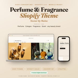 May include: A digital display of a Shopify theme titled Perfume & Fragrance Shopify Theme Nectar by Maine, featuring a laptop showing a website with perfume bottles and a smartphone displaying a product page for Amber Orris fragrance.