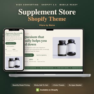 Könnte beinhalten: Eine digitale Darstellung eines Shopify-Themes für einen Nahrungsergänzungsmittel-Shop, bestehend aus einem Laptop und einem Smartphone mit einer Produktseite für Magnesium. Die Oberfläche zeigt Text, zwei schwarze Flaschen und Schaltflächen.