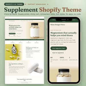 Pode incluir: Uma prévia digital do tema Shopify Vitera para marcas de suplementos, exibindo um layout de site para desktop à esquerda e uma versão móvel à direita. O design apresenta uma paleta de cores creme e verde escuro com imagens de cápsulas de magnésio em um frasco transparente e em uma colher, juntamente com seções de texto detalhando os benefícios e ingredientes do produto.