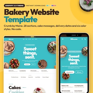 May include: A digital bakery website template featuring a yellow background with the text Bakery Website Template, Crumb by Maine, 28 sections, cake messages, delivery dates and six colour styles. It displays desktop and mobile views.