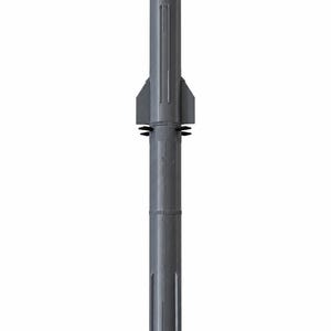 May include: A gray model rocket featuring a cylindrical body with a pointed nose cone, two sets of triangular fins positioned along the upper section, and a series of small circular engine nozzles located at the base of the structure.