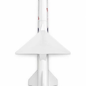 May include: A white model rocket with a cylindrical body, triangular fins, and a tapered nose cone. The rocket features red and blue text markings along the upper fuselage, including a visible red script logo and blue circular emblems on the sides.