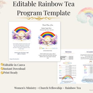 Puede incluir: Una plantilla de programa de té editable con un arcoíris, nubes e ilustraciones florales. El texto incluye 'Editable Rainbow Tea Program Template', 'RAINBOW IN THE CLOUD' y secciones para detalles de eventos, horarios de programas y listas de oración.