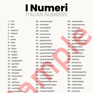 May include: An educational poster titled "I Numeri ITALIAN NUMBERS" displays Italian numbers from one to one hundred. The numbers are listed in two columns with the Italian word and its corresponding numerical value. The poster is designed for learning Italian.