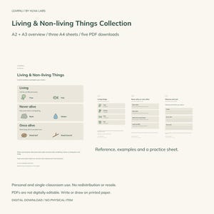 Op de afbeelding: Een digitale downloadcollectie getiteld Living & Non-living Things Collection door Learnli by Hlna Labs. Bevat A2 en A3 overzichtsposters, drie A4-vellen en vijf PDF-downloads met educatieve sorteeroefeningen.