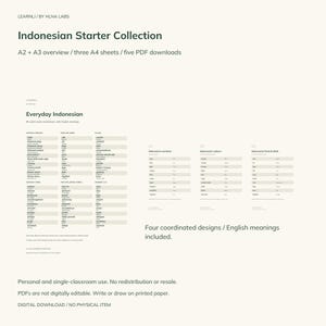 May include: A digital download set titled Indonesian Starter Collection by HLNA Labs, featuring an A2 and A3 overview, three A4 sheets, and five PDF files. The documents contain lists of Indonesian words, phrases, numbers, colours, and food items with English translations.