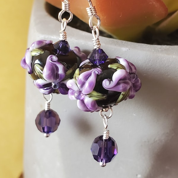 Glass lampwork earrings--Purple Iris
