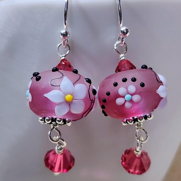 Glass lampwork earrings--Pink Flowers