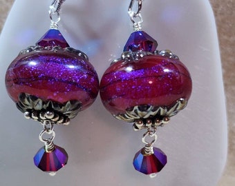 Glass lampwork earrings--Iridescent Pink/Purple